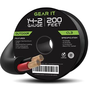 GearIT 14/2 Speaker Wire (200 Feet) 14 Gauge (Copper Clad Aluminum) - Outdoor Direct Burial in Ground/in Wall / CL3 CL2 Rated / 2 Conductors - CCA