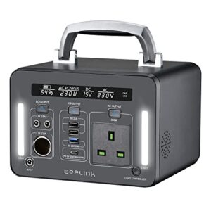 Geelink Portable Power Station500Wh 300W Outdoor Solar Generator Lithium Battery Pack with 230V/300W AC Outlet and QC3.0&TypeC SOS Flashlight for RV Camping