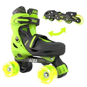 Yvolution Neon Combo Skates | 2-1 Quad and Inline Skates for Kids with LED Wheels | Adjustable Sizing (Green