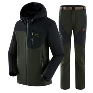 MEYOCEYO Men's Waterproof Jacket and Trousers Winter Outdoor Softshell Jacket Hiking Trousers with Hood Multi Zipper Pockets
