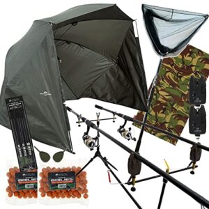 Carp Fishing 2/3 12ft 3pc Rod & Reel Setup Bite Alarms Net Pod Tackle Boilies Rigs Unhooking Mat & Shelter Complete Se