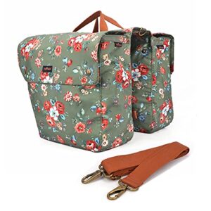 Tourbn TOURBON Waterproof Canvas Bicycle Bike Rear Seat Carrier Luggage Storage Bag Cycling Double Roll-up Pannier Bag Rear Pack (Flower Pattern)