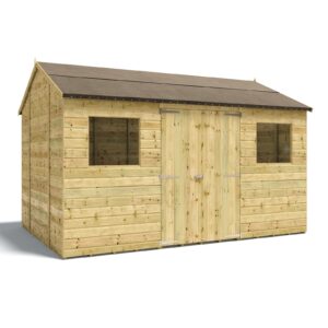12 x 8 D100 Reverse Apex Wooden Garden Shed Pressure Treated Shiplap Windowed Central Double Doors and T&G Roof and Floor (12 x 8)