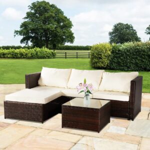 GARDENEO Rattan Corner Sofa Set Outdoor Corner Chair Patio Garden Furniture Set With Rain Cover (Brown +Light Cushions) (Brown +Light Cushions)