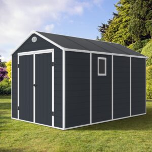 Gudrum Plastic Garden Shed 12x8ft Outdoor Storage Tool Shed Lockable Double Door Apex Roof Optional Floor Kit Contemporary Grey … (With Internal Plastic Floor Kit)