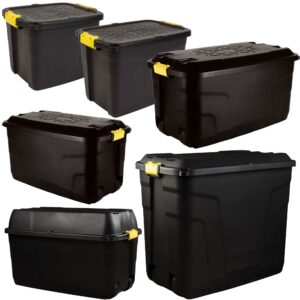 Storage Container Boxes Black Trunks With Lids Heavy Duty Large Wheels Yellow Handles Great for Garden