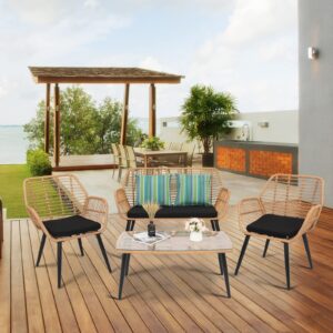 4 Pieces Rattan Garden Furniture Set Outdoor Wicker Rattan Chair PE Steel Patio Furniture Set Conversation Sets Glass Coffee Table for Garden