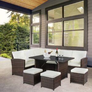 Bonnlo 9 Seater Rattan Corner Dining Table Set with Cushions and Cover