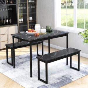 3-Piece Dining Table and Bench Set 4-Person Space-Saving Dinette for Kitchen Patio Outdoor(Only UK) (Black)
