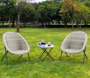 GOODS EMPORIUM Rattan Bistro Folding Set - Conservatory Garden Patio Decking Furniture - Folding Chairs and Glass Top Table Set (Natural/Grey