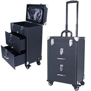 WarmieHomy 3 in 1 Lockable Makeup Trolley Rolling Beauty Nail Case Organizer Storage Box with 2 Drawers