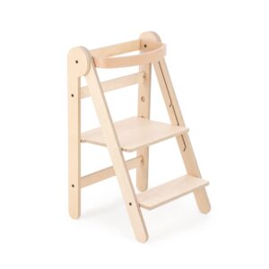 Callowesse Mamatoyz Fold Away Learning Tower For Child and Toddler 12 Months to 5 Years - Natural Wood Folding Design Step Stool with Safety Rail Adjustable Height For Use Indoor Kitchen and Bathroom