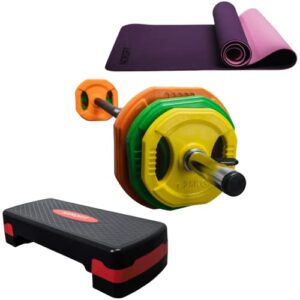 NORDFIT - 20kg Barbell Weights Set - Studio Pump Weights Bundle - With Yoga Mat and Fitness Exercise Step - Home Exercise Gym Equipme
