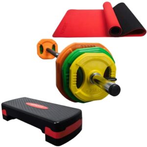 NORDFIT - 20kg Barbell Weights Set - Studio Pump Weights Bundle - With Yoga Mat and Fitness Exercise Step - Home Exercise Gym Equipme