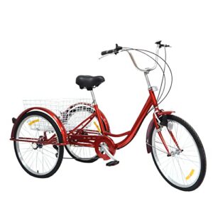 WSIKGHU Tricycle Bike for Adults 24 Inch Adult Tricycle 6 Speed 3 Wheel Bike Seniors Shopping Cargo Tricycle with Shopping Basket Tricycle for Adults Elderly Tricycle Red (155-185CM