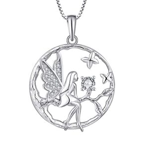 FJ Guardian Angel Pendant Necklace 925 Sterling Silver Tree of Life Necklace Butterfly Fairy Necklace with Birthstone Cubic Zirconia Jewellery Gifts for Women Girls