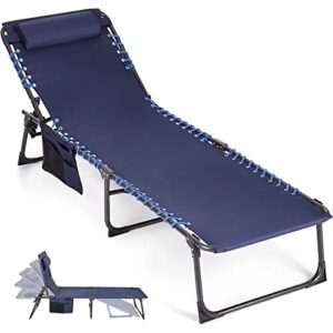ALPHA CAMP Camping Beds for Adults Folding Camping Cot Reclining Sun Lounger Patio Chaise Lounge Chair 4 Position Adjustable Support 300 lbs Portable Camping Bed with Pillow & Side Pocke