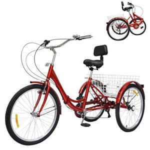 Foldable Tricycle for Adults with Backrest 24Inch 7 Speed - Adult Trike Bike with Basket 120KG Load Height Adjustable Cruiser Bikes 3 Wheel Bicycle Pedal Cycling Tricycle for Outdoor Sports