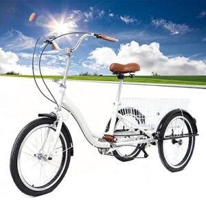 WSIKGHU 20''Tricycle Adult Single Speed Tricycle White City Road Bike Cruiser Elderly Bike With Shopping Basket(155-180CM