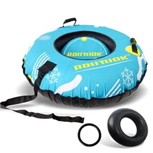 Rdutuok 110cm Inflatable Heavy Duty Snow Tube with Premium Canvas Cover and Nylon Tow Strap Safety Cushion Snow Sleds