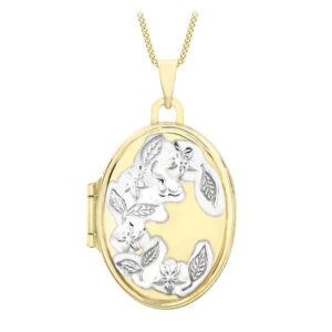 Carissima Gold 9 ct 2 Colour Gold Floral Oval Locket on Curb Chain Necklace of 46 cm/18 inch