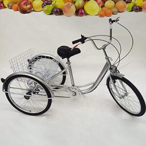 Fetcoi 24-Inch Adult Tricycle Bike 6 Speed Adjustable Handlebars Three Wheel Bike Three-Wheeled Bicycles Cruise Trike with Lights and Shopping Basket for Women Men Seniors for Recreation