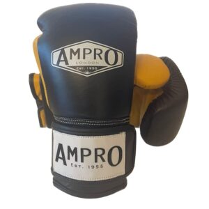 AMPRO Tri Power Hook and Loop Sparring Glove - Navy/Yellow - Sparring / Bag / Spar / Boxing