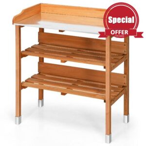 3 Tier Garden Potting Bench Table With Hooks and Storage Shelves Solid Sturdy Structure Natural Fir Wood Coated Waterproof Paint Weather Resistance Nails Rust-Proof Hard Zinc Tabletop