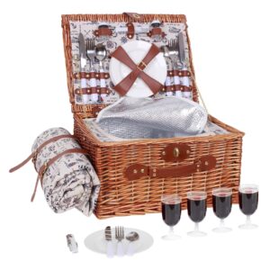 Picnic Basket for 4 Wicker Picnic Set with Insulated Cool Box & Waterproof Blanket & Cutlery Service Kit Wicker Picnic Basket Set for Camping Outdoor Birthday Party