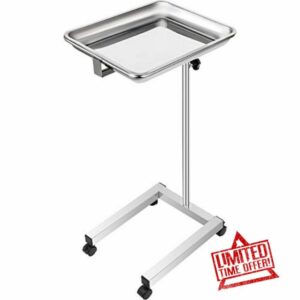 VEVOR Mayo Tray Stainless Steel Mayo Stand 18x14 Inch Trolley Mayo Tray Stand Adjustable Height 32-51 Inch Removable Tray & 4 Omnidirectional Wheels for Home Equipment Personal Care Max Load 20kg