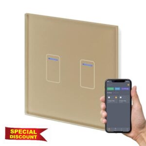 Retrotouch Crystal+ Touch WiFi Switch | 2 Gang Smart Light Switches | Multi Control | Remote Control | App Compatible With Alexa & Smart Life | Brass Glass Finish | LED Indicato
