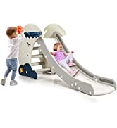 COSTWAY Large Kids Slide, 4 in 1 Climber Slider Set with Basketball Hoop, Telescope and Crawl Thr...