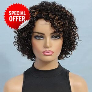 Highlight Short Curly Wigs for Woman Brazilian human hair wig UDU Ombre Brown Wig None Lace Front Wigs for Black Wome