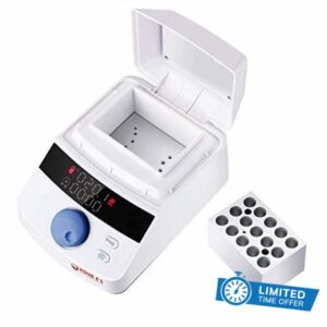 FOUR E'S Mini Digital Dry Bath Incubator with Lid Timer 5 Programs RT +5 to 100°C Temperature Control Various Applications with Interchangeable Heating Blocks 15 x 1.5ml (TC05-B)