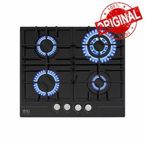 NJ-600G Gas Hob 4 Burner - 60cm Built-in Black Glass Cooktop NG/LPG Convertable Cooker with Cast Iron Supports & FFD