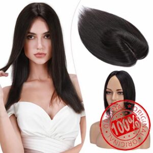 S-noilite Hair Toppers Human Hair for Thinning Hair Women Real Hair Topper Hair Piece Clip in Hair Topper Silk Base 100% Remy Real Human Hair 48g(#1B Natural Black