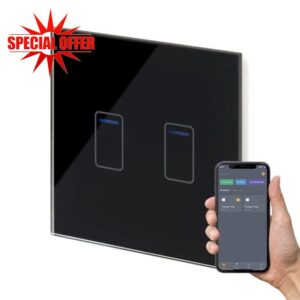 Retrotouch Crystal+ Touch WiFi Switch | 2 Gang Smart Light Switches | Multi Control | Remote Control | App Compatible With Alexa & Smart Life | Black Glass Finish | LED Indicato