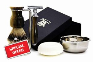 Haryali London 5 Pc Mens Shaving Kit Double Edge Safety Razor With Silver Tip Badger Hair Shaving Brush