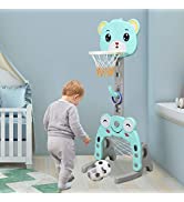 COSTWAY Basketball Hoop Set, 3 in 1 Sports Activity Center with Basketball, Soccer Ball & Golf Se...