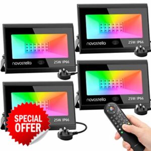 NOVOSTELLA 4 Pack 25W LED RGB Flood Lights with IR Remote IP66 Waterproof Outdoor Stage Lights Colour Spotlights Uplights Dimmable Color Changing Floodlight Uplighting for Events Halloween Landscape