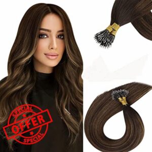 Vivien 20 Inch Remy Nano Ring Hair Extensions Balayage Darkest Brown Mixed Brown Balayage Nano Beaded Hair Extensions Human Hair Nano Link Human Hair Extensions 50g 50s