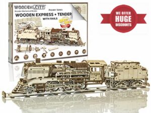 Wooden.City Mechanical Model Kit - Wooden Express - DIY 3D Puzzle For Adult & Teens to Build Vintage Train - Brain Teaser - Wood Railway Set Series