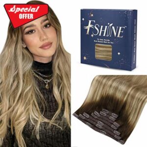 Fshine Hair Extensions Clip in Double Weft 16 Inch/40CM 120g Dark Brown Fading to Ash Brown and Light Blonde Hair Extensions Human Hair 7Pcs Clip in Hair Extensions Real Human Hai