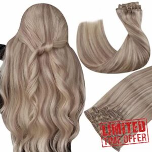 Hetto Clip in Hair Extensions Human Hair Clip in Extensions Straight Real Human Hair Extensions Clip on Ash Blonde with Bleach Blonde #18/613 Full Head 14Inch 120g