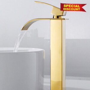 Bathroom Basin Tap High Waterfall Spout for Basin Modern Cold Water and Lime Mixer Tap Square Chrome Single Hole (Gold)