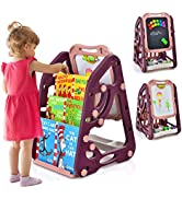 COSTWAY Wooden Kids Art Easel with Paper Roller, Storage Tray, Double Sided Easel Blackboard and ...