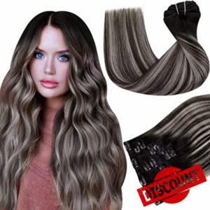 Hetto Silver Black Clip in Human Hair Extensions Ombre Clip on Hair Straight 18inch 1B Silver Ombre Clip in Extensions Balayage Natural Black mix Silver 7pcs 100g