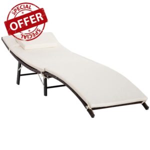 Outsunny Rattan Sun Lounger Garden Furniture Folding Outdoor Chair Wicker Weave Bed with Cushion and Pillow Brow