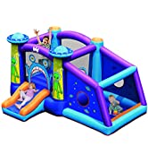 COSTWAY Kids Bouncy Castle, Inflatable Bounce House with Tunnel, Long Slide, Climbing Wall, Ball ...