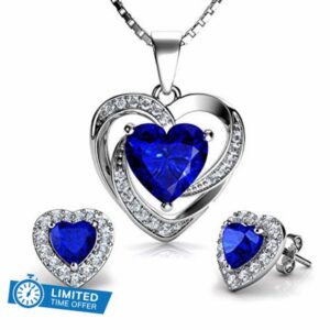 DEPHINI - Blue Heart Necklace & Heart Earrings SET - 925 Sterling Silver - Crystal Studs & Pendant Birthstone - Fine Jewellery set for women - 18" Rhodium Plated Silver Chain - Cubic Zirconia